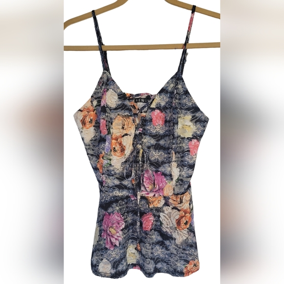 Venus Multi Floral Ruffled Camisole With Tie & Spaghetti Straps Size M - Picture 4 of 13